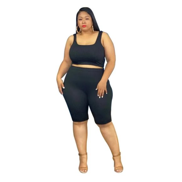 Plus Size Women Solid Color High Crater Short Top And Shorts Three-Piece Set - Picture 3 of 15
